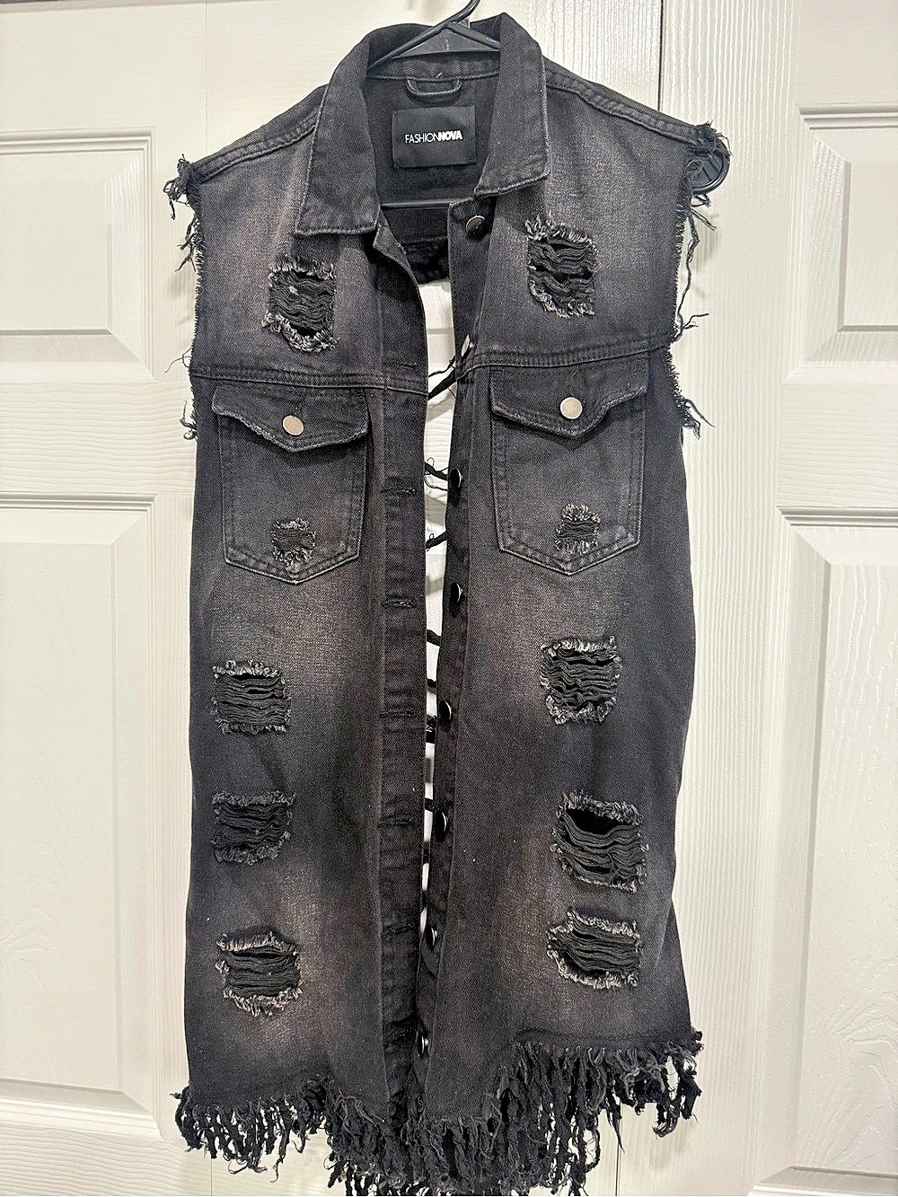 Fashion Nova Distressed Lace-Up Denim Vest in Black Size Small